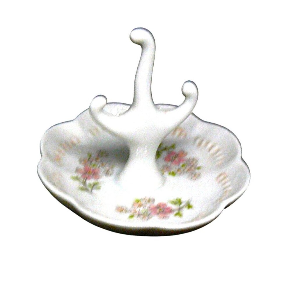 Vintage Porcelain Floral Ring Holder With Scalloped Edge